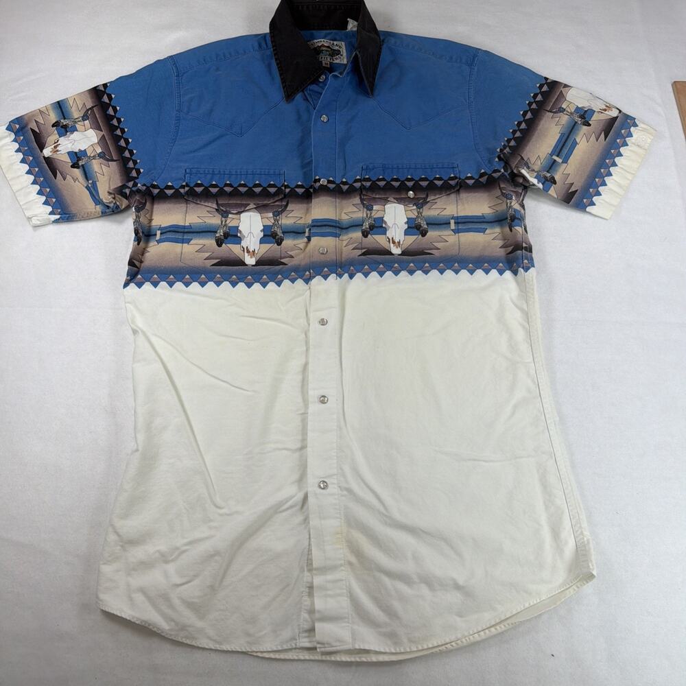 Vtg 90s Cumberland Outfitters Western Pearl Snap Shirt Mens M Cow Skull Aztec